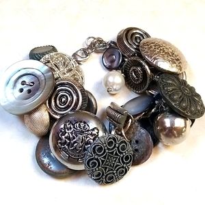 Vintage Silver Tone Button Charm Bracelet